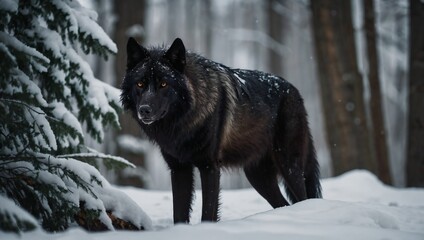 Obraz premium Black wolf in the winter forest