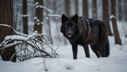 Obraz premium Black wolf in the winter forest