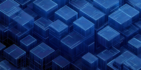 Obraz premium Abstract blue geometric cube pattern with neon grid lines