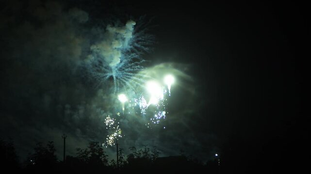 silver and light blue sparks scatter fireworks on the black night sky above the city. General plan