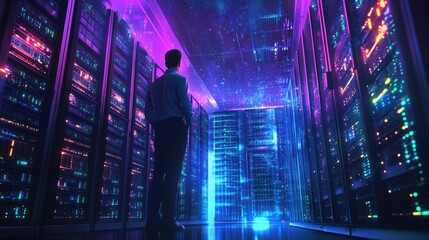 Naklejka premium A male professional gazes at glowing data servers in a futuristic data center illuminated with vibrant purple and blue lights.