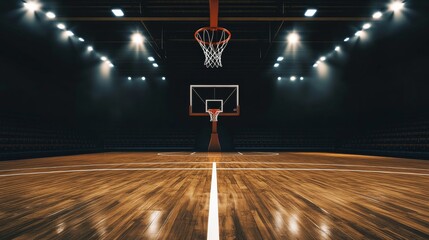 A basketball court with a focus on the free-throw line and backboard, indoor setting with overhead lighting, Modern style