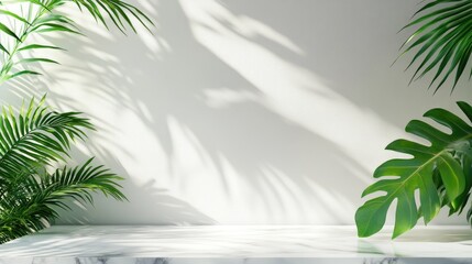A serene indoor setting with green tropical leaves casting gentle shadows on a light wall.