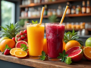 Orange, grapefruit fresh fruit juice in a fruit juice bar
