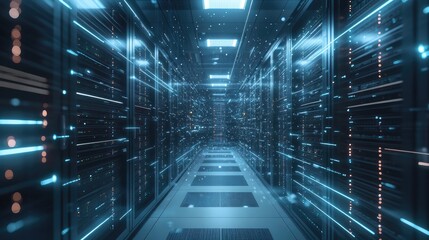 Fototapeta premium Futuristic data center corridor with glowing digital lights and sleek server racks, creating a high-tech atmosphere.