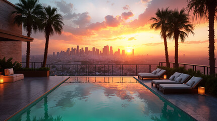 Fototapeta premium Rooftop infinity pool overlooking city skyline at sunset with palm trees