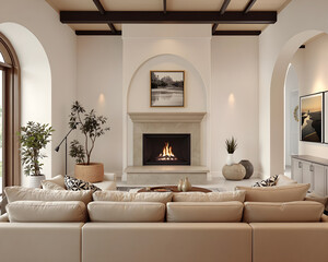 The Cozy living room interior and large windows with fireplace and decor. Modern design solution .