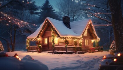 눈 덮인 작은 오두막 지붕 위에 반짝이는 크리스마스 조명이 걸려 있음