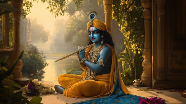 Lord Krishna plays flute. Religious Hindu deity sits outdoors on patio. Peaceful serene scene. Golden light. Traditional Indian attire. Religious art. Spiritual imagery. Devotional photo. Cultural