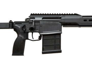 Precision rifle with a modular design, featuring an adjustable stock, tactical grip, sleek handguard, and stainless steel barrel.
