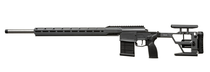 Precision rifle with a modular design, featuring an adjustable stock, tactical grip, sleek...