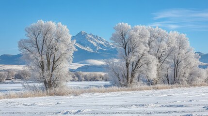 Frost Covered Trees and Mountain Winter Landscape