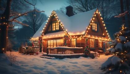 눈 덮인 작은 오두막 지붕 위에 반짝이는 크리스마스 조명이 걸려 있음