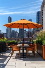 Fototapeta premium Orange umbrella shades rooftop patio, city view.