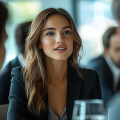 Business Woman Portrait, Board meeting, Office, team meeting, office environment, computer, financial or business office, business woman, could be CEO or boss with staff in meetings