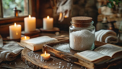 Fototapeta premium A blank bath salt jar mock-up, sitting on a wooden bathtub tray with candles and a book 3d illustration mock-up template.