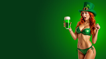 Surprised model showing green beer wearing leprechaun hat for saint patrick's day advertisement banner