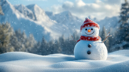 Obraz premium Cheerful snowman with red hat in snowy mountain landscape