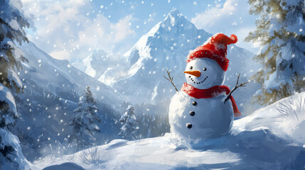 Obraz premium Winter wonderland snowman in snow-covered mountain landscape with falling snowflakes