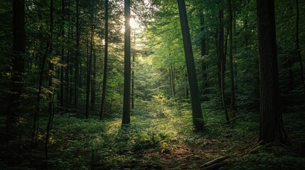 Obraz premium Serene Forest Landscape with Sunlight Filtering Through Lush Green Canopy and Tall Trees