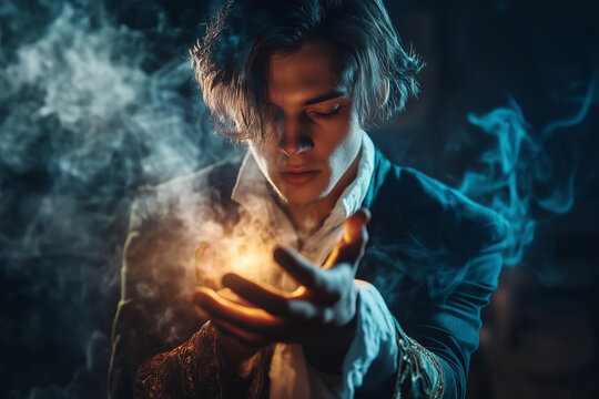 
attractive young male wizard in a fantasy suit casts a magic spell. protagonist character of a romantic fantasy novel, candlelight, smoke , evocative, alluring, possessive hero