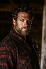 Fototapeta premium Portrait photo of a candid muscular middle aged handsome man with wavy hair and a short beard, wearing flannel shirt, standing in a barn and looking at the camera. romantic book character