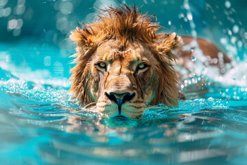 Lion in water, swimming looking directly at the camera, on a sunny beautiful day, wildlife photography or nature park