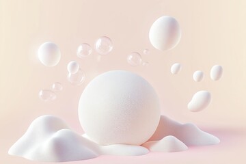 Pastel spheres float above soft mounds. Bubbles drift nearby. Abstract 3D render. Ideal for beauty product packaging design. Trendy graphic design. Perfect for websites blogs, social media. Clean
