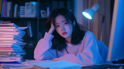 Asian young female studying late night with books and laptop