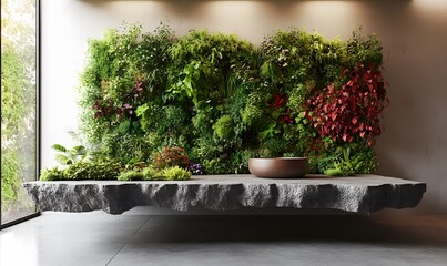A unique 3D render of a vertical garden installed on a floating platform or structure