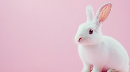 Fototapeta premium Cute white rabbit sits on pink background. Adorable baby hare with pink eyes, nose. Spring holiday theme. Suitable for easter cards. Lovely pet animal. Perfect for children products design projects.