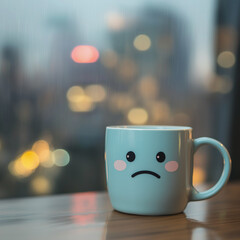 Sad blue mug on the background of a rainy window, a moody and reflective atmosphere, and copy space for text or design, Blue Monday