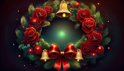 은은한 조명이 비추는 크리스마스 화환, 안에는 붉은 장미와 황금 방울 장식