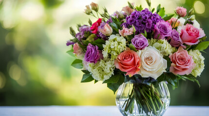 Vibrant floral bouquet in clear glass vase against lush green background
