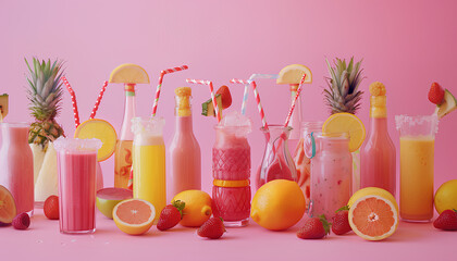 Glasses and bottles of different tasty smoothie with straws on pink background