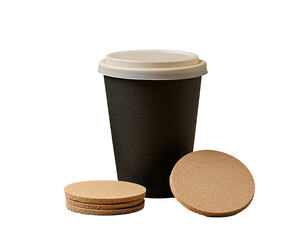 a cup of coffee next to a stack of coasters