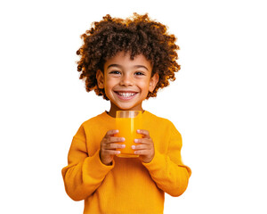 a child holding a glass of orange juice
