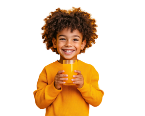 a child holding a glass of orange juice