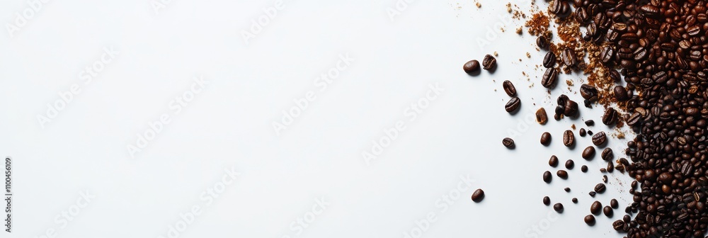 Poster different types of coffee beans are arranged on a white surface, leaving ample blank space on the ri