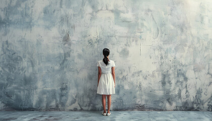 Obraz premium The wall in front of the girl as a concept of fear