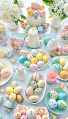 Obraz premium Family celebrates easter together with a festive dinner and cheerful springtime table setting