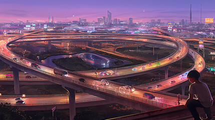 Fototapeta premium Astral Anime Manga Girl Overlooking City Highway with Slime Aesthetic