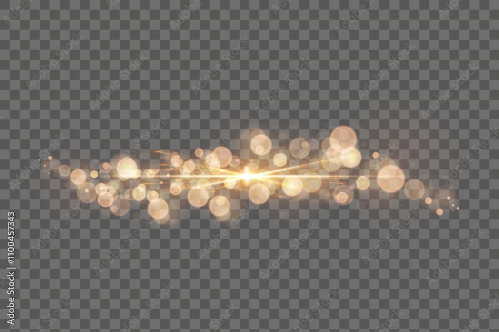 Poster sparkling golden particles, glowing bokeh lights isolated on dark transparent background