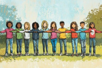 Naklejka premium Diverse children linked arms, standing outdoors.