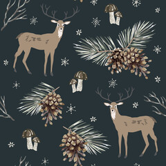 Christmas seamless pattern, deer animals, pine twigs, cones, mushrooms, snowflakes, black night background. Vector illustration. Nature design. Season greeting. Winter holidays
