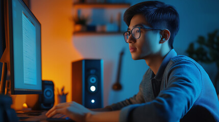 Young man coding on desktop computer in a dark room lit by screen light, focused on his tasks