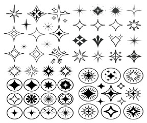 Collection of different vector sparkling stars icon, decorative twinkle and bursts forms, abstract shining flash symbols, glowing light effect,  style basic shapes geometric graphic elements