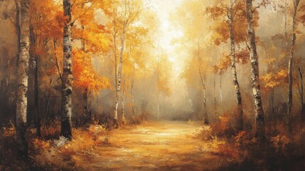 Fototapeta premium Autumnal Path Through Golden Birch Forest