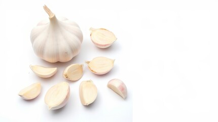 Fresh Garlic Bulbs and Slices on White Background