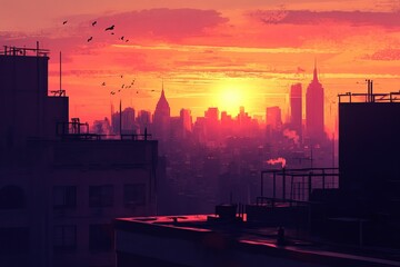 Fototapeta premium Cityscape sunset; birds fly; vibrant colors.